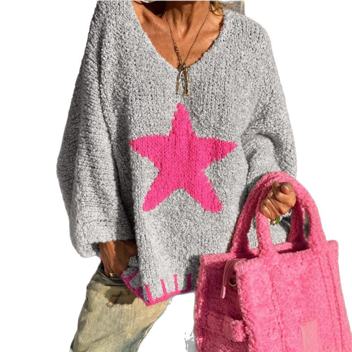Women's knitted sweater with V-neck and striking star pattern Lune London