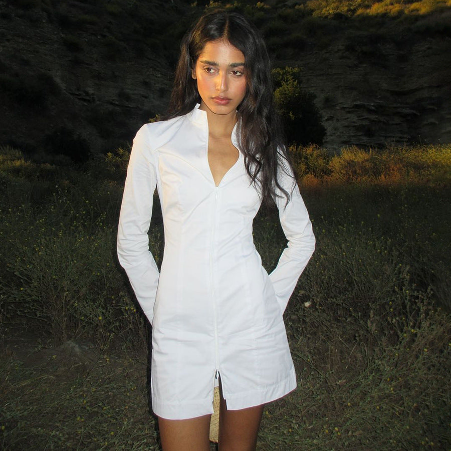 Fitted long dress for women with long sleeves, zipper, and high collar Lune London