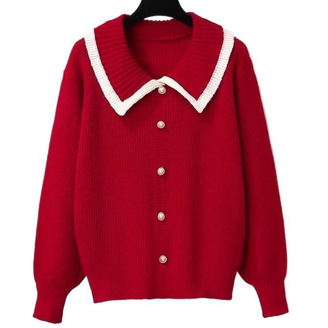 Women’s knit jacket with contrasting collar and decorative pearl buttons Lune London