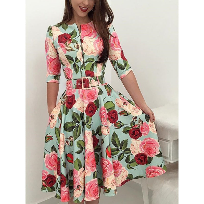 Robe midi femme avec imprimé floral et ceinture à la taille Chic & Stil