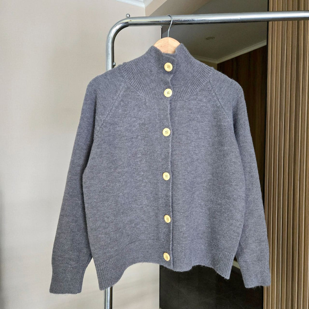 Knit jacket for women with high collar and large buttons Lune London