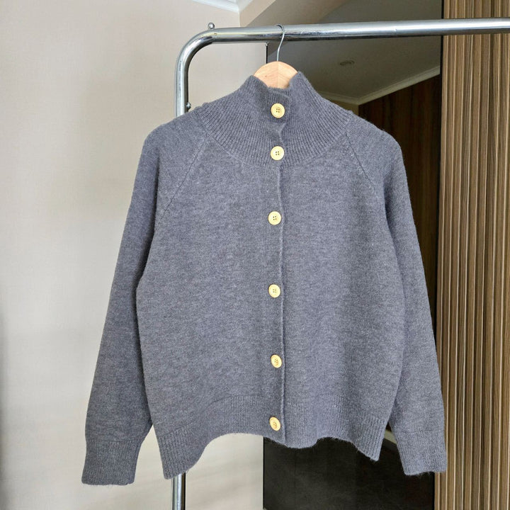 Knit jacket for women with high collar and large buttons Lune London