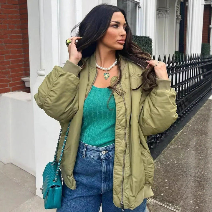 Women's Oversized Bomber Jacket with Technical Details and Practical Pockets Lune London