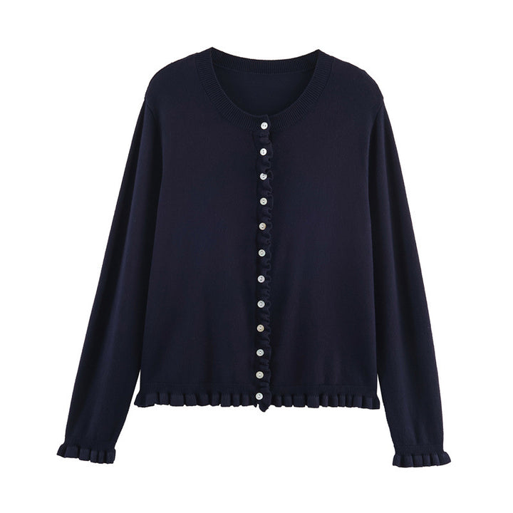 Fashion striped knit jacket for women with ruffled hem and button details Lune London