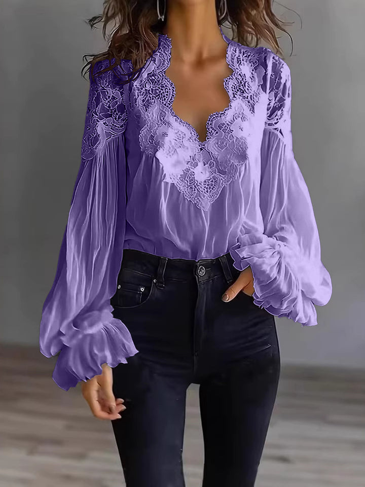Women's Flowing Blouse with Lace Applications and Long Ruffle Sleeves Lune London