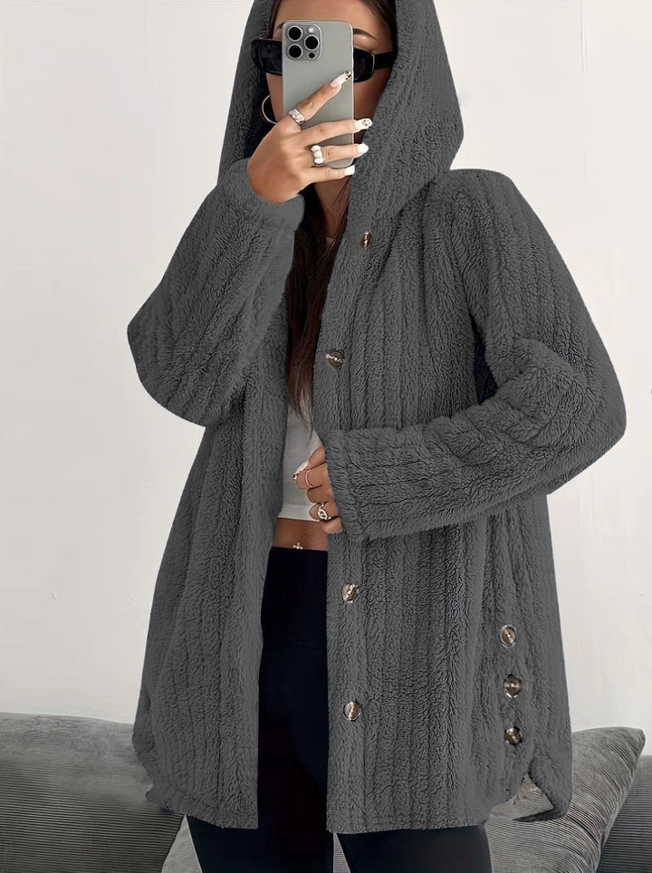 Lady long cozy jacket with long sleeves, hood, and button trim Lune London