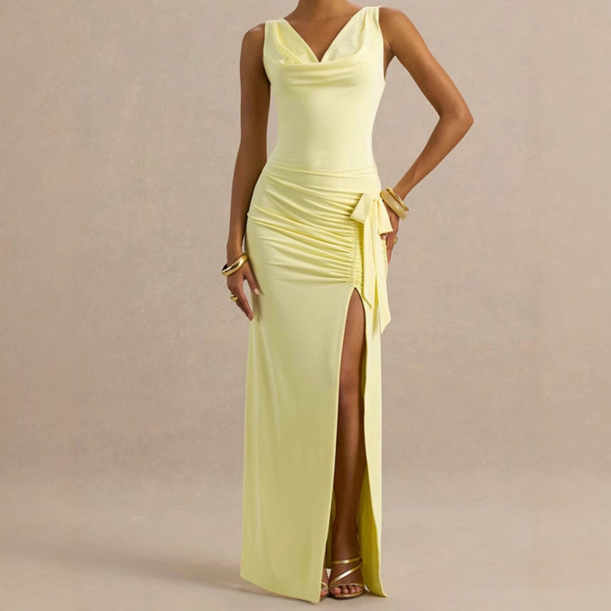 Elegant evening dresses for women with deep V-neckline and ruffle details on the sides Lune London