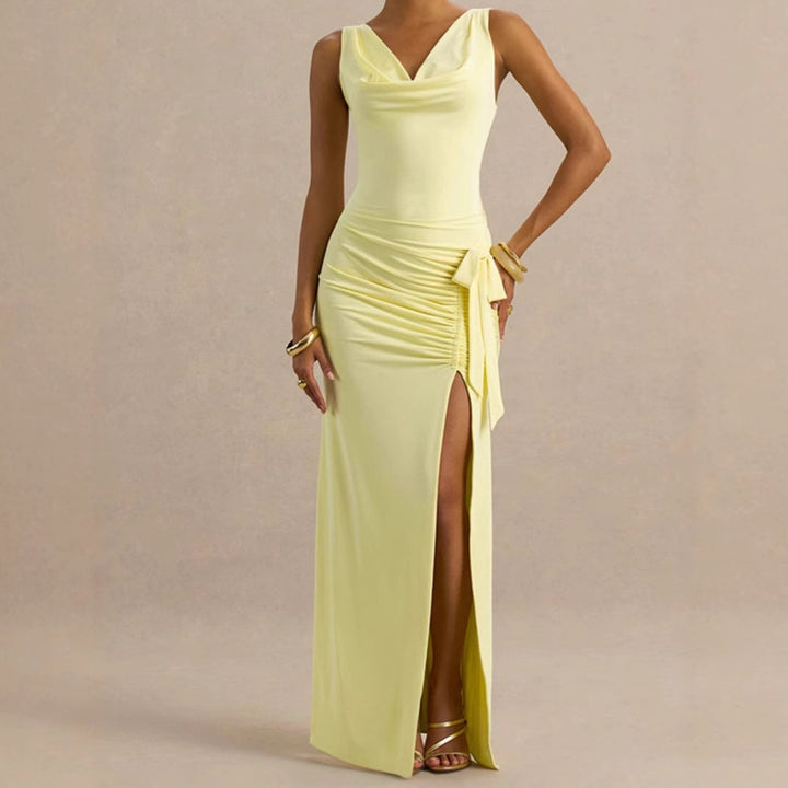 Elegant evening dresses for women with deep V-neckline and ruffle details on the sides Lune London