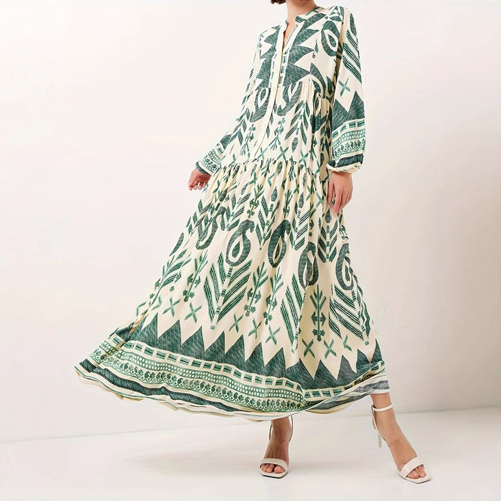 Maxi dress for women with artistic geometric pattern and button details Lune London