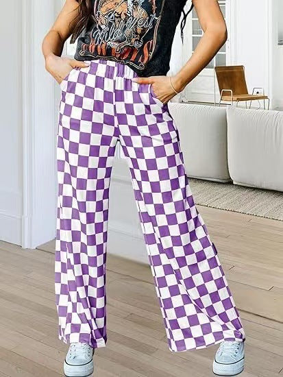 Women's Checkered Palazzo Pants with Elastic Waistband and Practical Side Pockets Chic und Stil