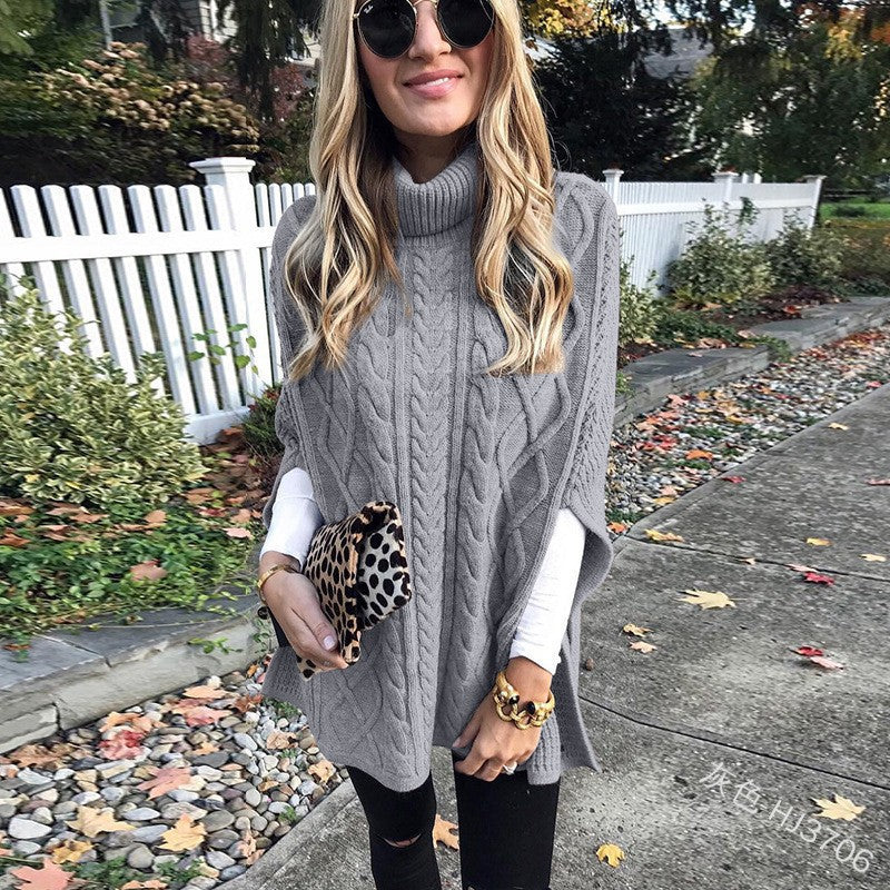 Knit poncho for women with high collar and decorative cable knit pattern Lune London