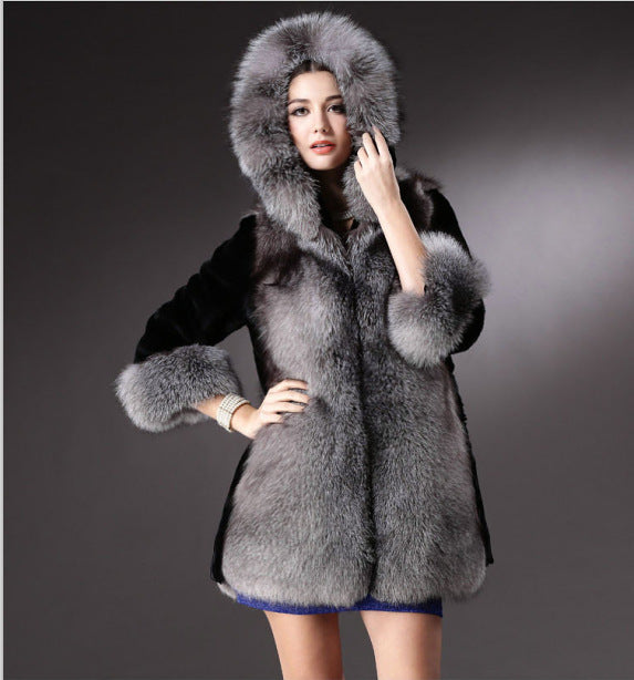 Luxury faux fur jacket for women with hood and decorative details Lune London