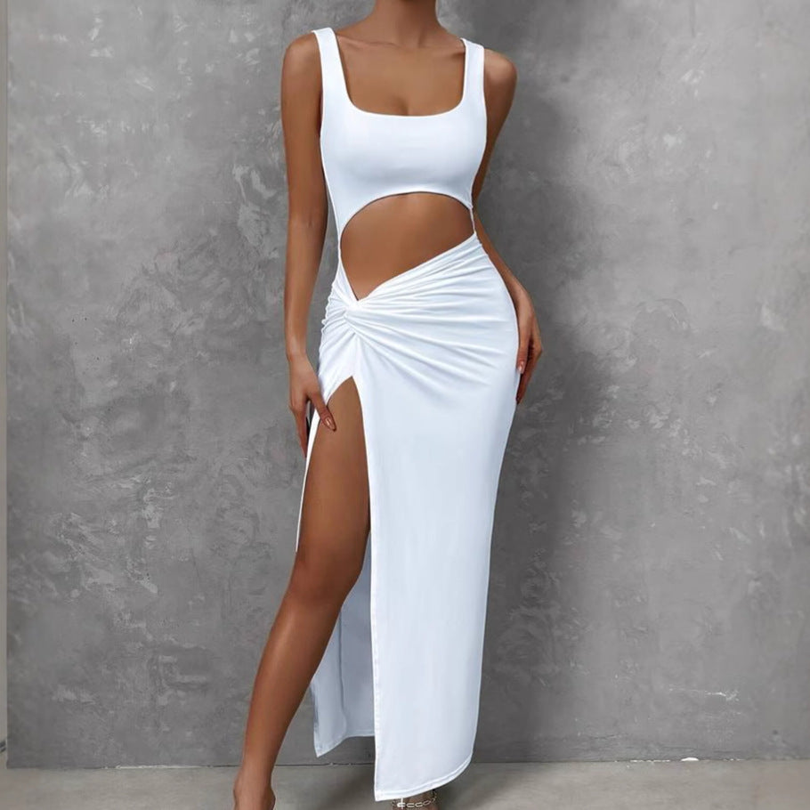 Maxi fitted dress for women with cutouts, high slit and ruffled detail Lune London
