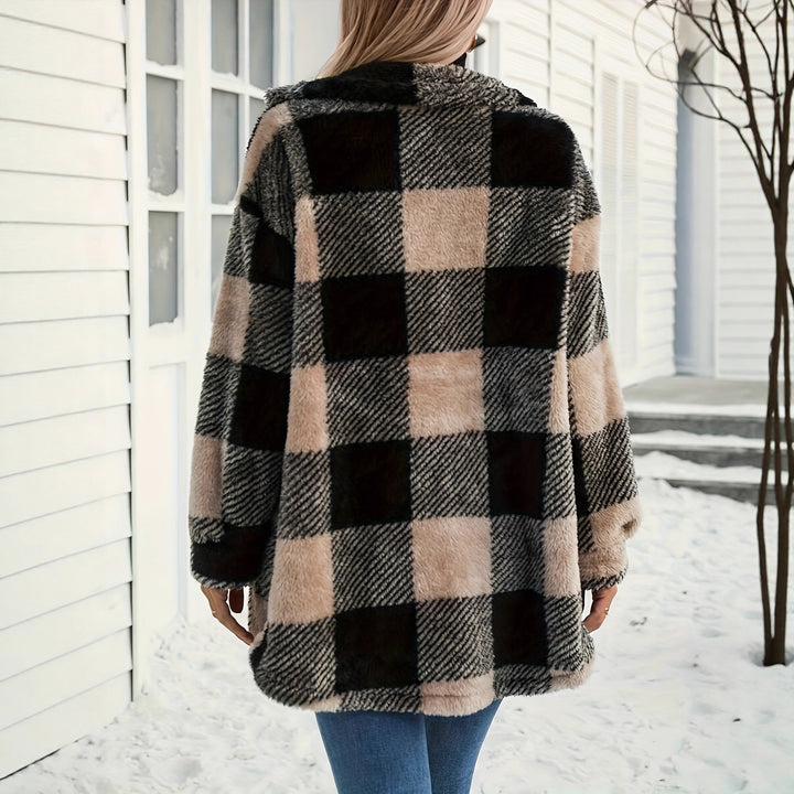 Soft overshirt jacket for women with plaid pattern and soft polyester faux fur Lune London