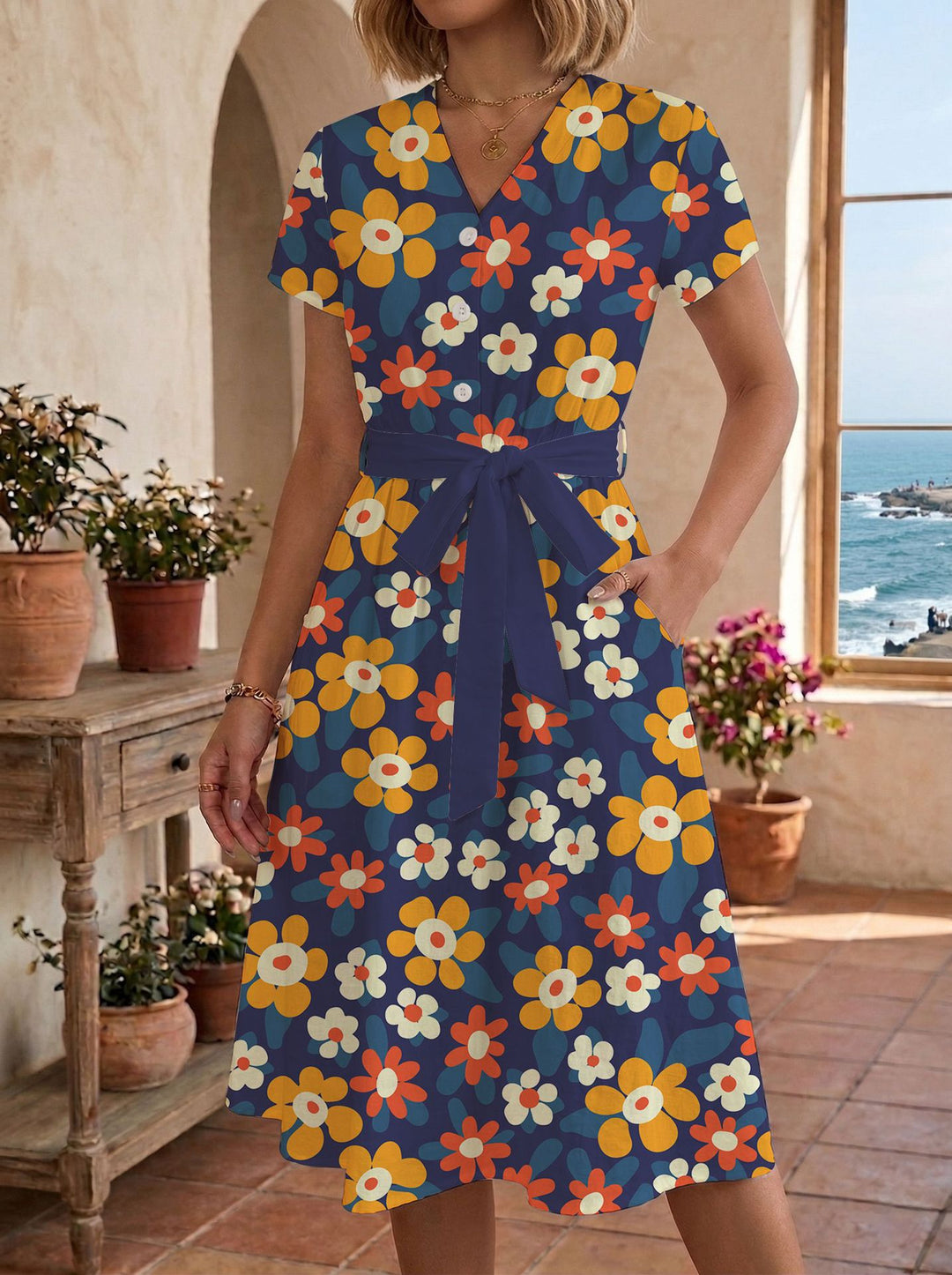 Women's casual maxi dress with adjustable knot and decorative check pattern Lune London