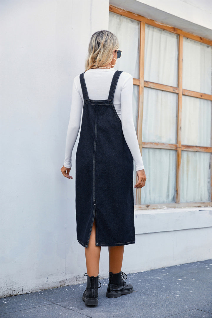 Lune London women's denim strap dress with practical side pockets and modern cut