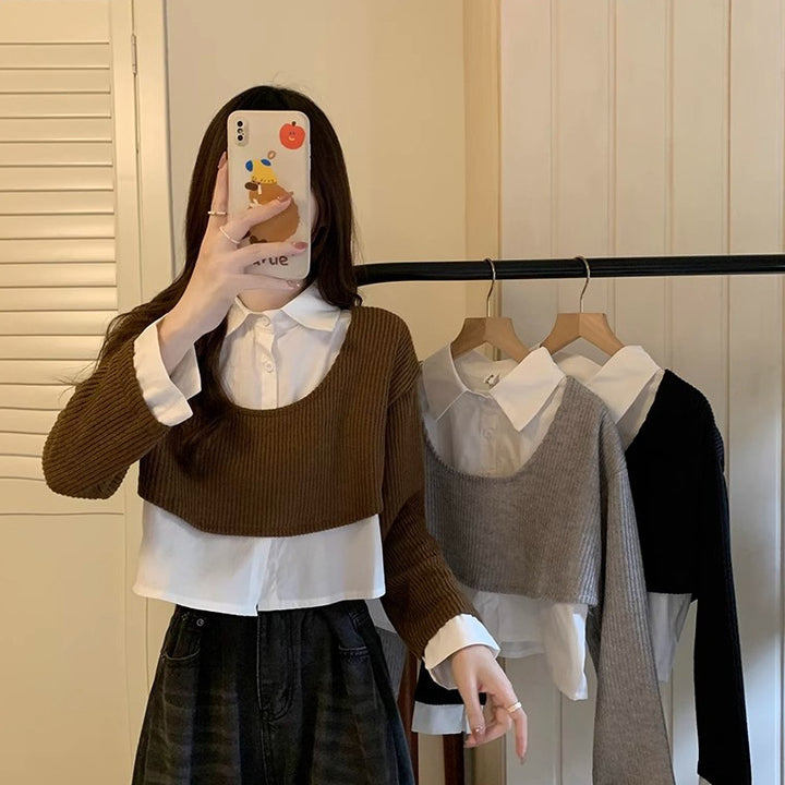 Women's Cropped Knit Sweater with Integrated Shirt
