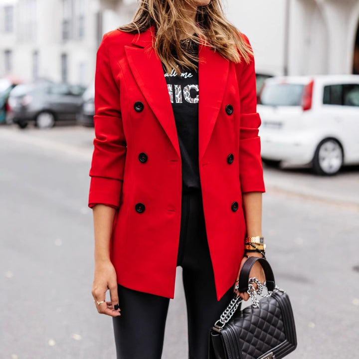 Trendy double-breasted blazer for women with a sleek silhouette and practical pockets Lune London