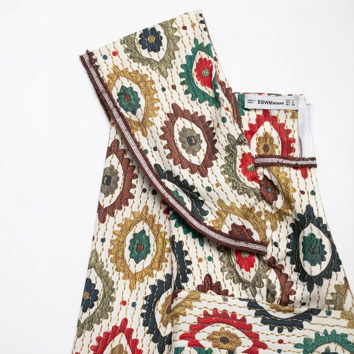 Midi dress for women with an elegant mix of patterns and a voluminous collar Lune London