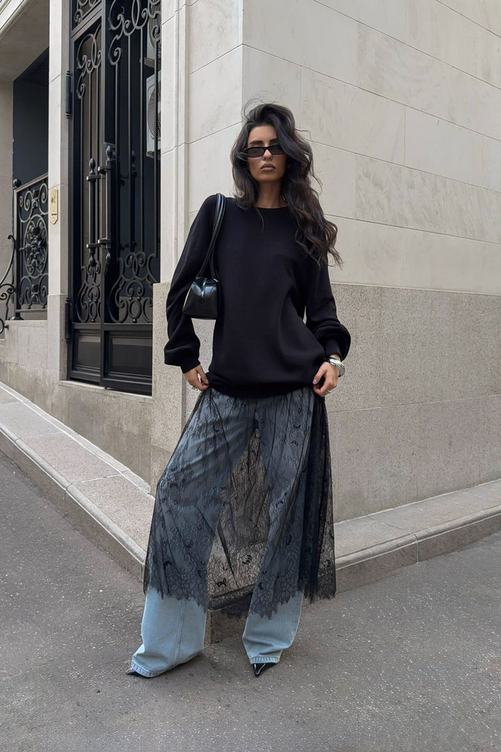 Pull décontracté surdimensionné pour femmes avec des détails de volants élégants et une transparence à la mode Chic & Stil