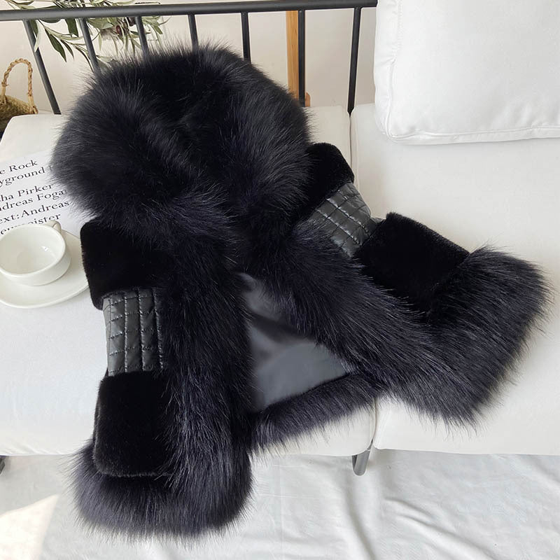 Women Elegant Faux Fur Gilet with High Collar and Shiny Belt Lune London