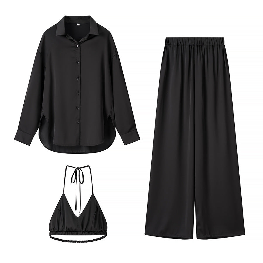 Women's set consisting of an elegant blouse, comfortable palazzo pants, and a trendy bralette Lune London