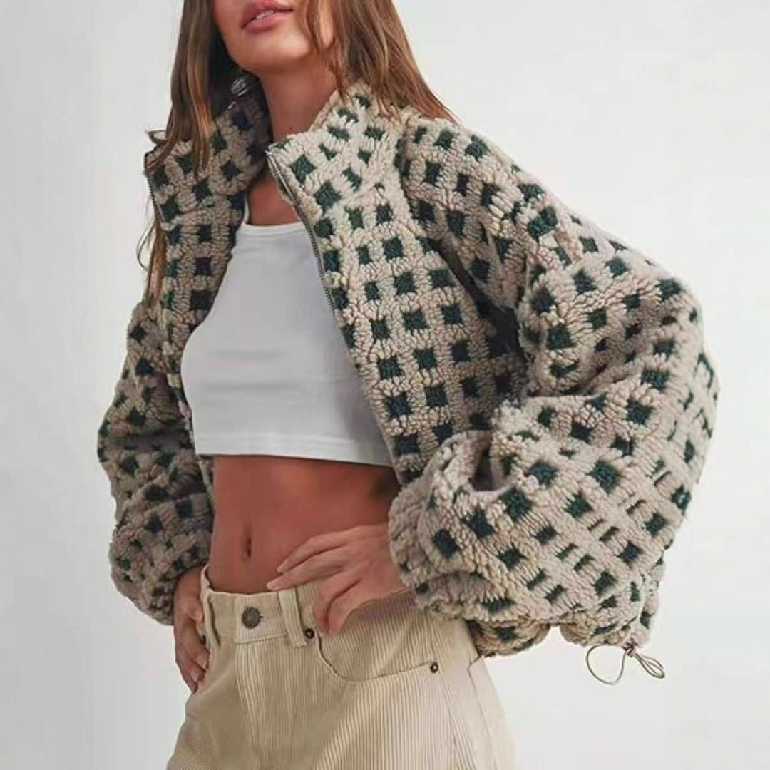 Ladies Plush Patterned Coat with High Collar and Soft Lining Lune London