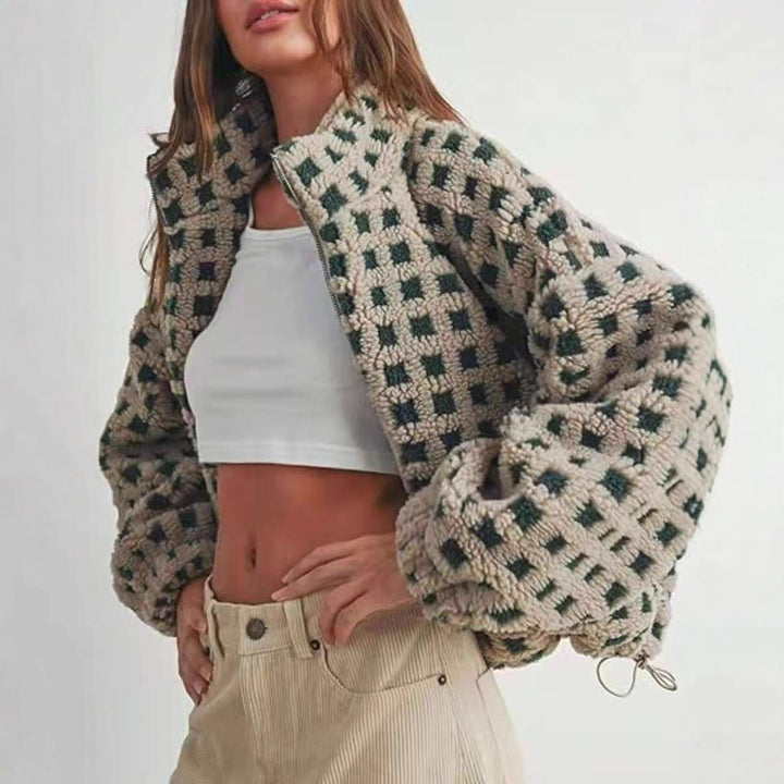 Ladies Plush Patterned Coat with High Collar and Soft Lining Lune London