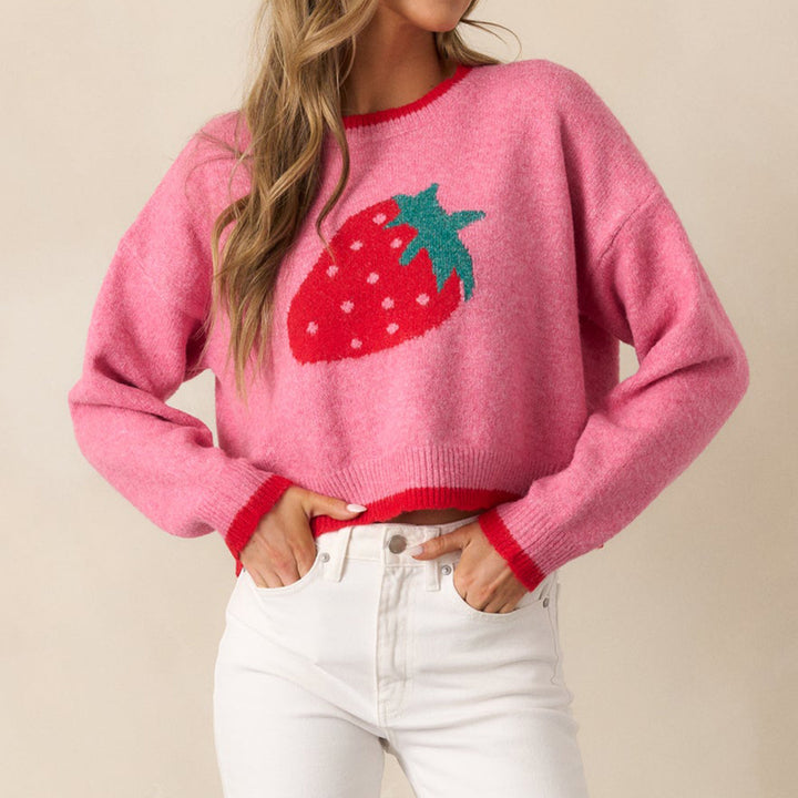 Trendy sweater for women with strawberry pattern and contrasting cuffs Lune London