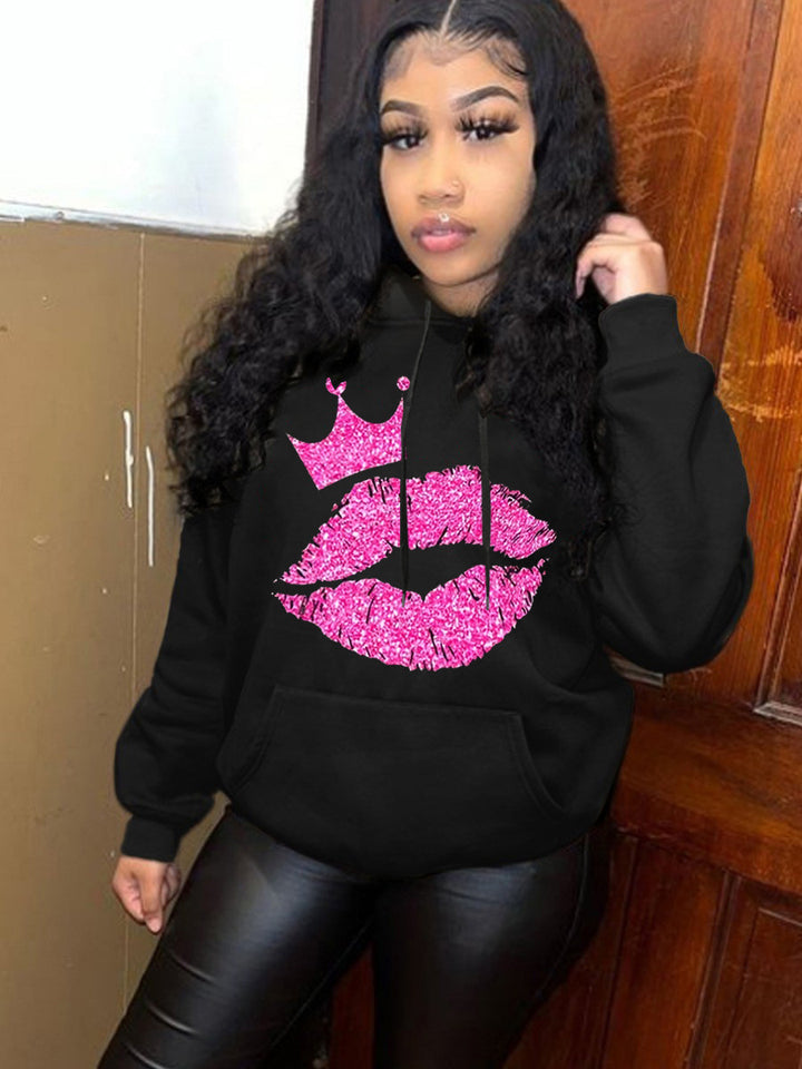 Ladies' hoodie with eye-catching lips pattern and crown Lune London