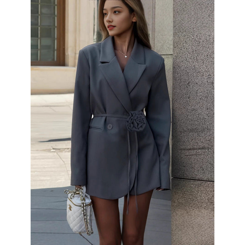 Fitted blazer dress for ladies with floral belt detail Lune London