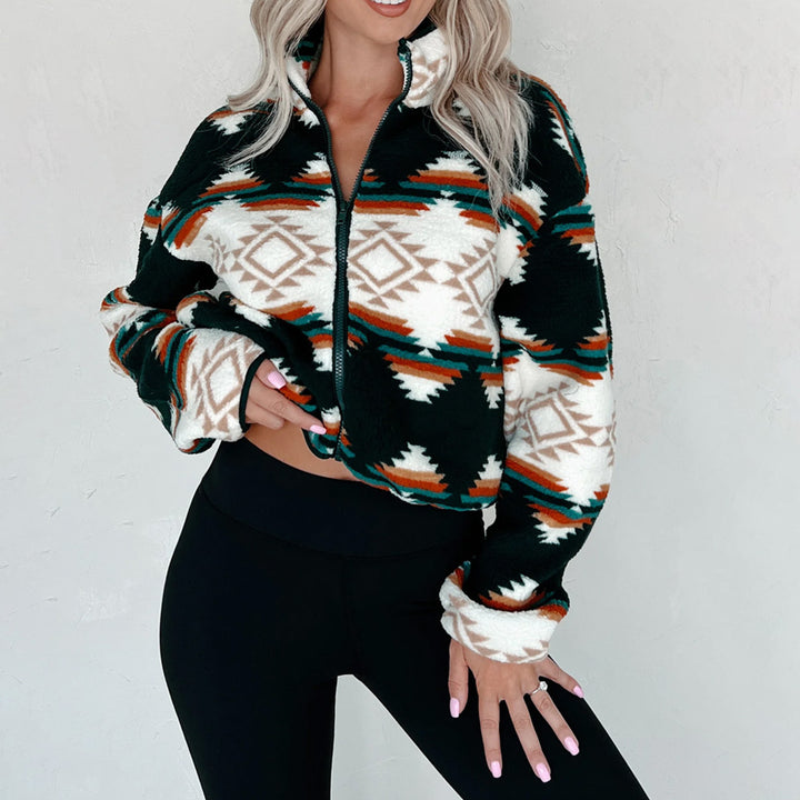 Women short sleeve fleece jacket with trendy ethnic design Lune London