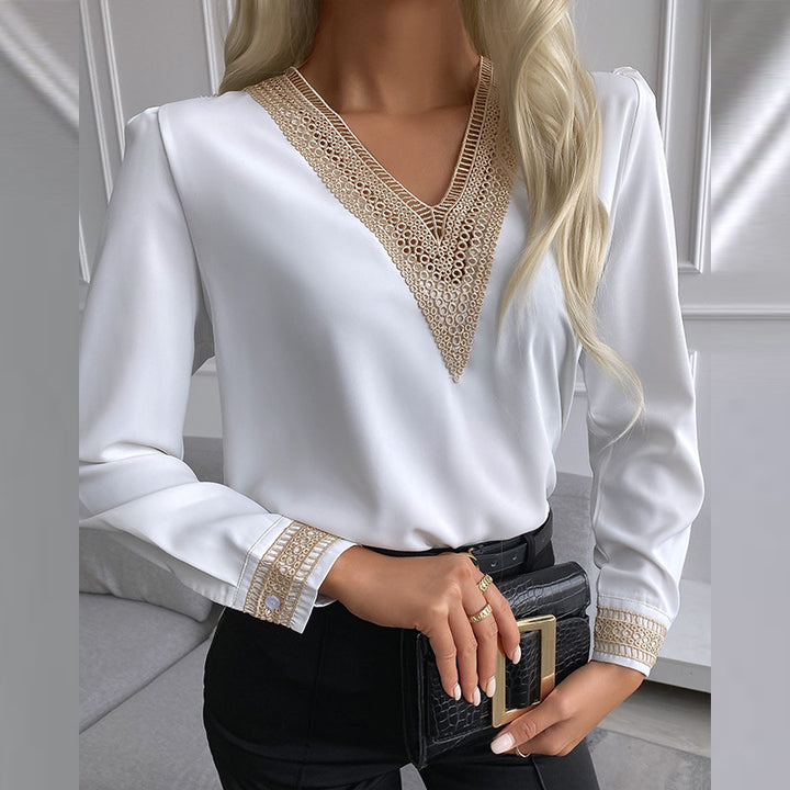 Ladies Elegant V Neck Blouse with Decorative Lace Lune London