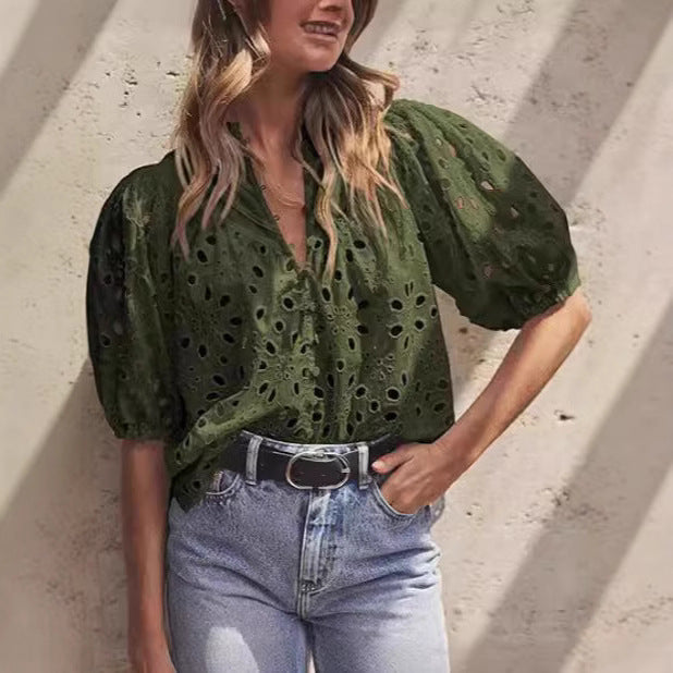 Ladies eyelet blouse with puff sleeves Lune London