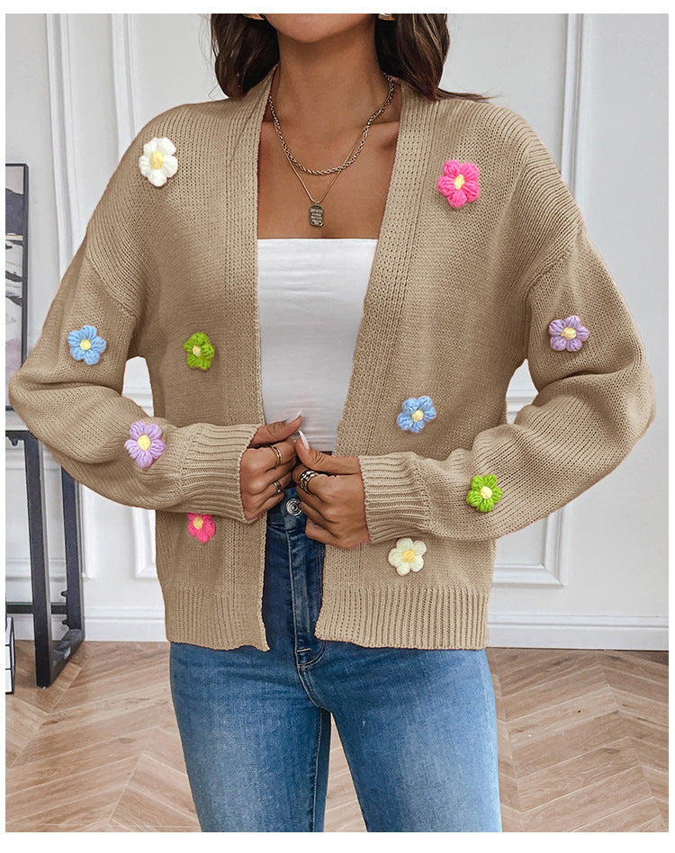 Ladies casual knitted cardigan with colorful flower appliqués Lune London