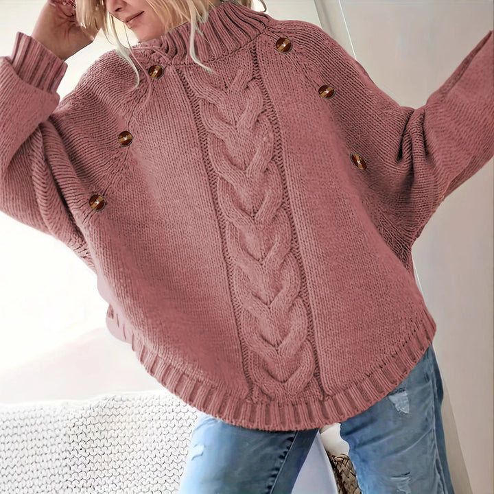 Thick knitted sweater for women with a modern braid design and practical buttons Lune London