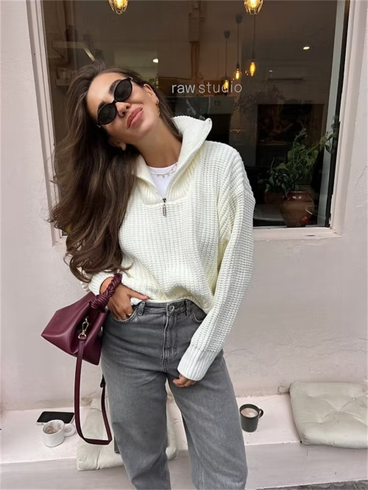 Women's thick knit sweater with high collar and zipper Lune London