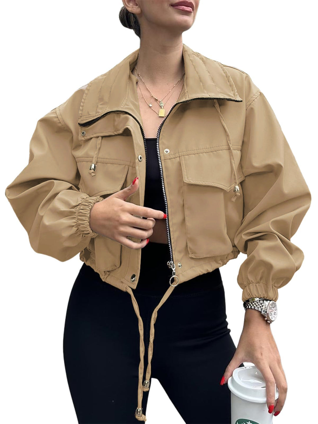 Lune London women's cropped leisure jacket with practical details and drawstring