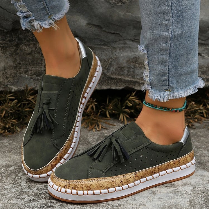 Comfortable Slip-On Sneakers for Women with Trendy Fringes and Cork Sole Lune London