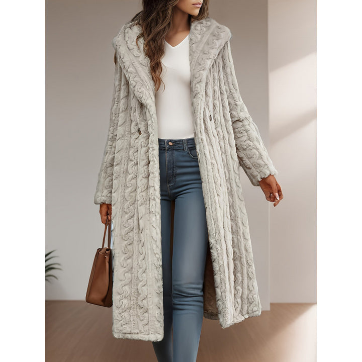 Ladies Long Knit Coat with High Collar and Fluffy Texture Lune London