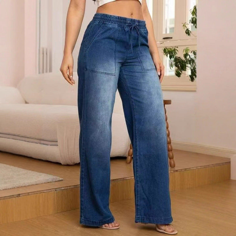 Wide denim pants for women with an elastic waistband and side pockets Lune London