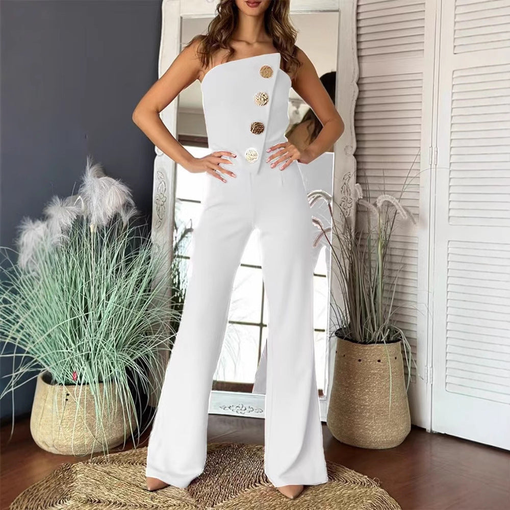 Ladies Elegant jumpsuit with off-shoulder design and decorative buttons Lune London