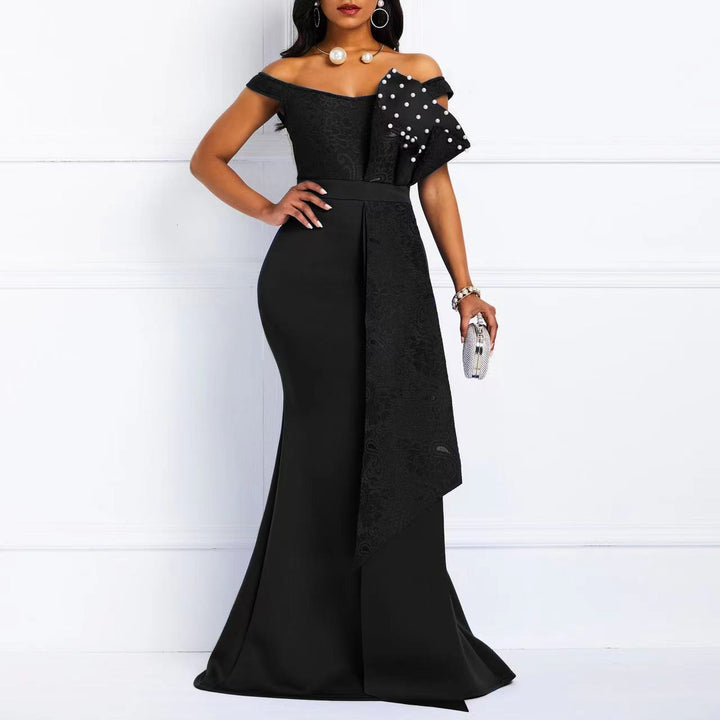 Women's evening maxi dress with off-shoulder design and luxurious lace appliqués Lune London