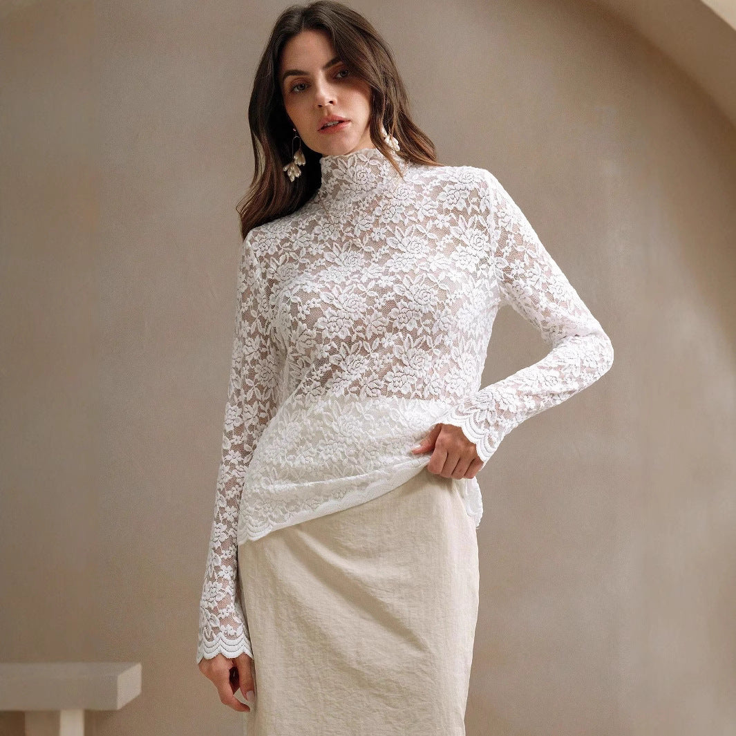 Women Long Sleeve Lace Bodysuit with High Collar Lune London