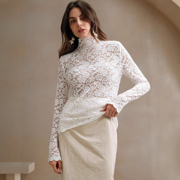 Women Long Sleeve Lace Bodysuit with High Collar Lune London