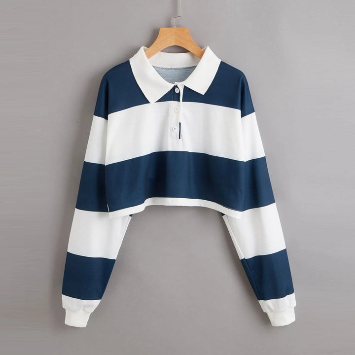 Women's Short Sleeve Polo Sweater with Colorful Stripes Chic & Stil