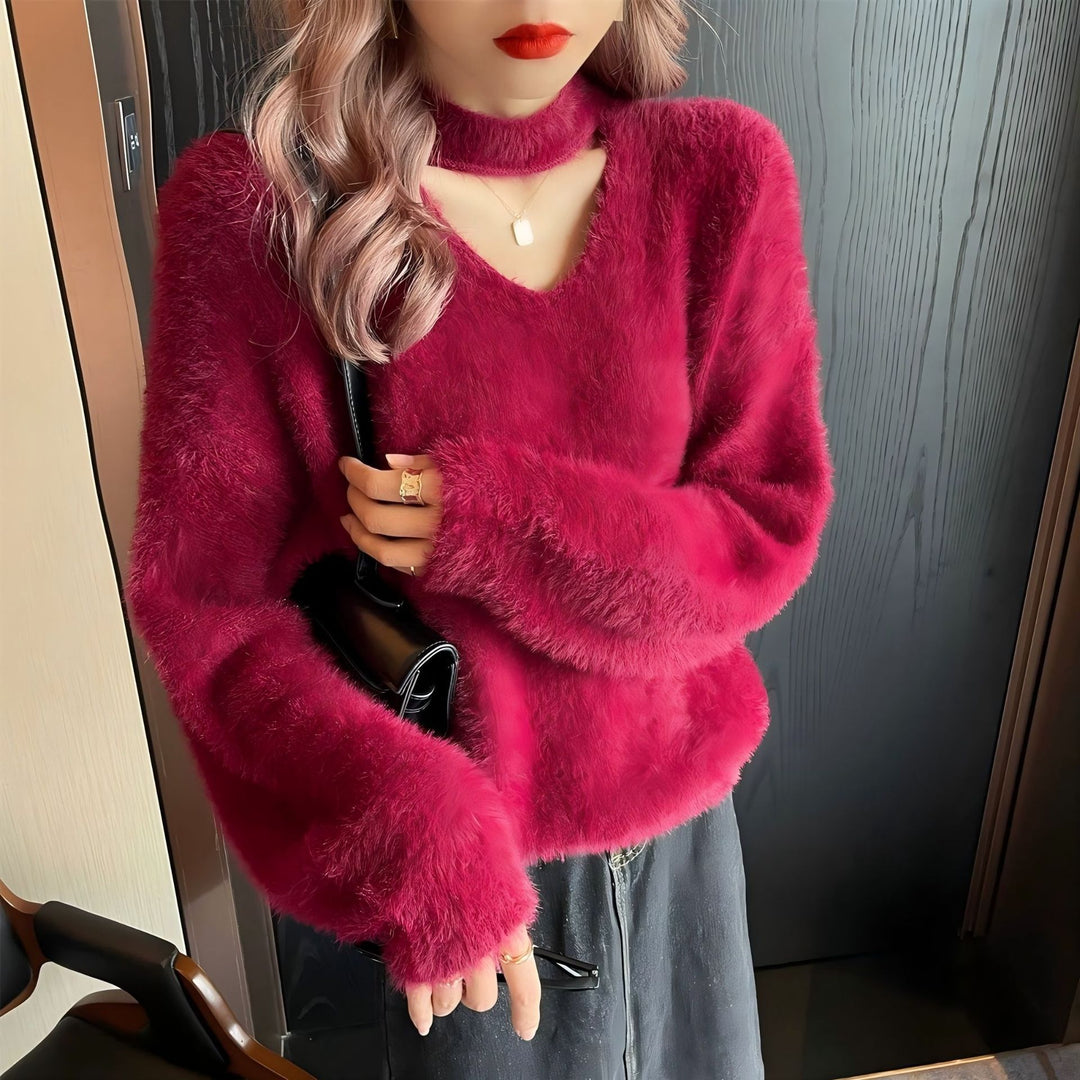 V-neck sweater with high collar for women soft Lune London