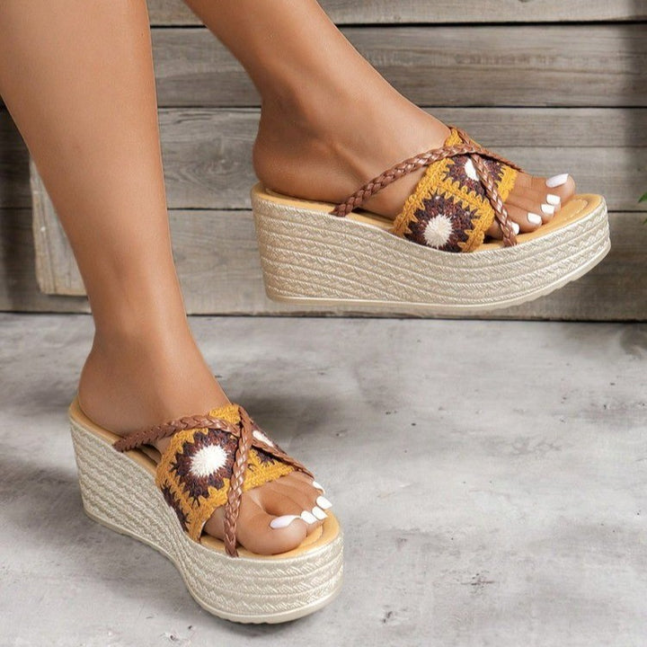Trendy wedge sandals for ladies with a braided strap and a comfortable footbed Lune London