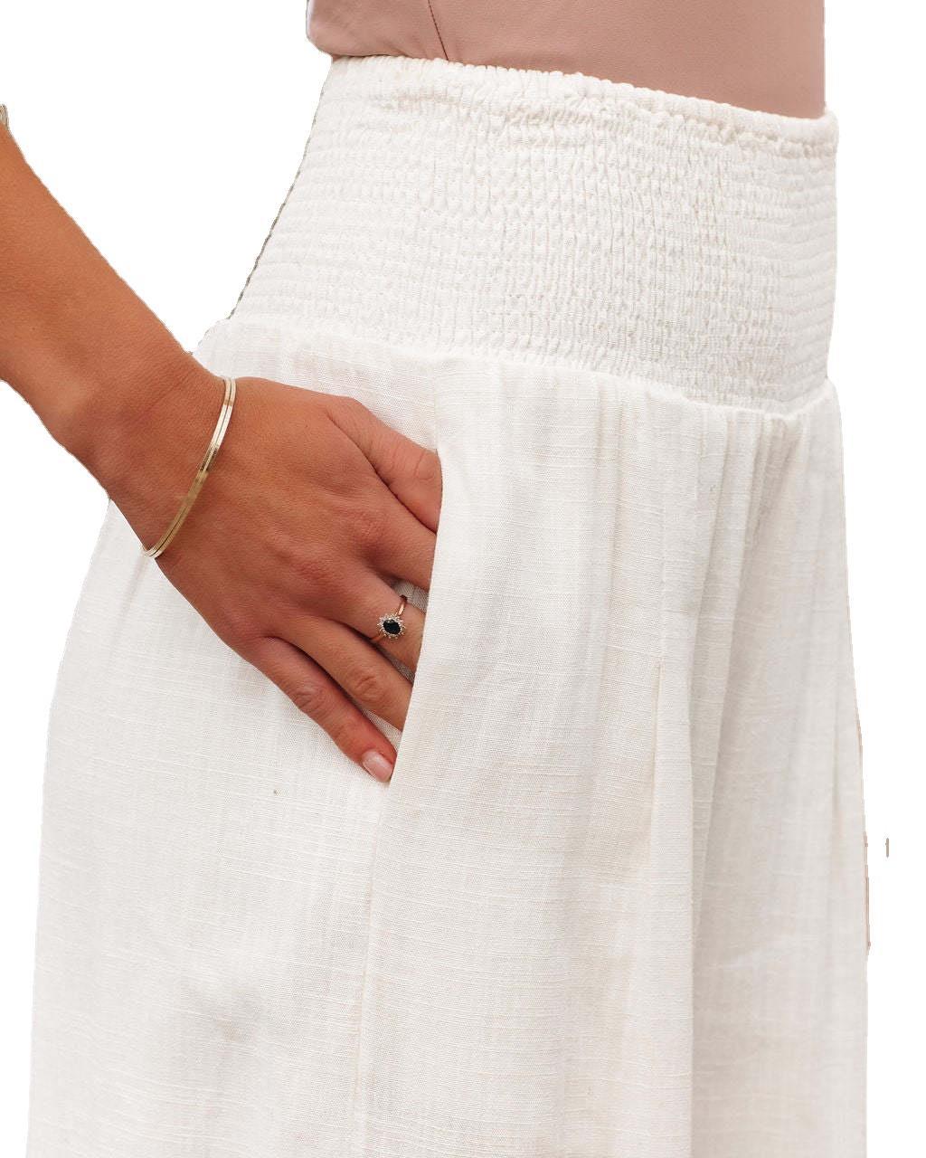Lune London | Women's Wide Linen Pants with Elastic Waistband and Side Pleats