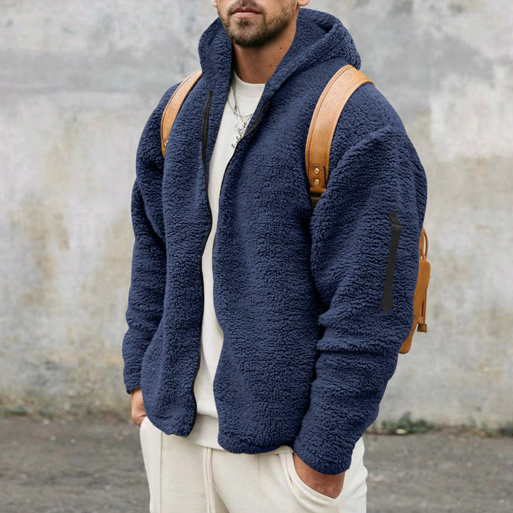 Men's plush fleece jacket with hood and practical pockets Lune London